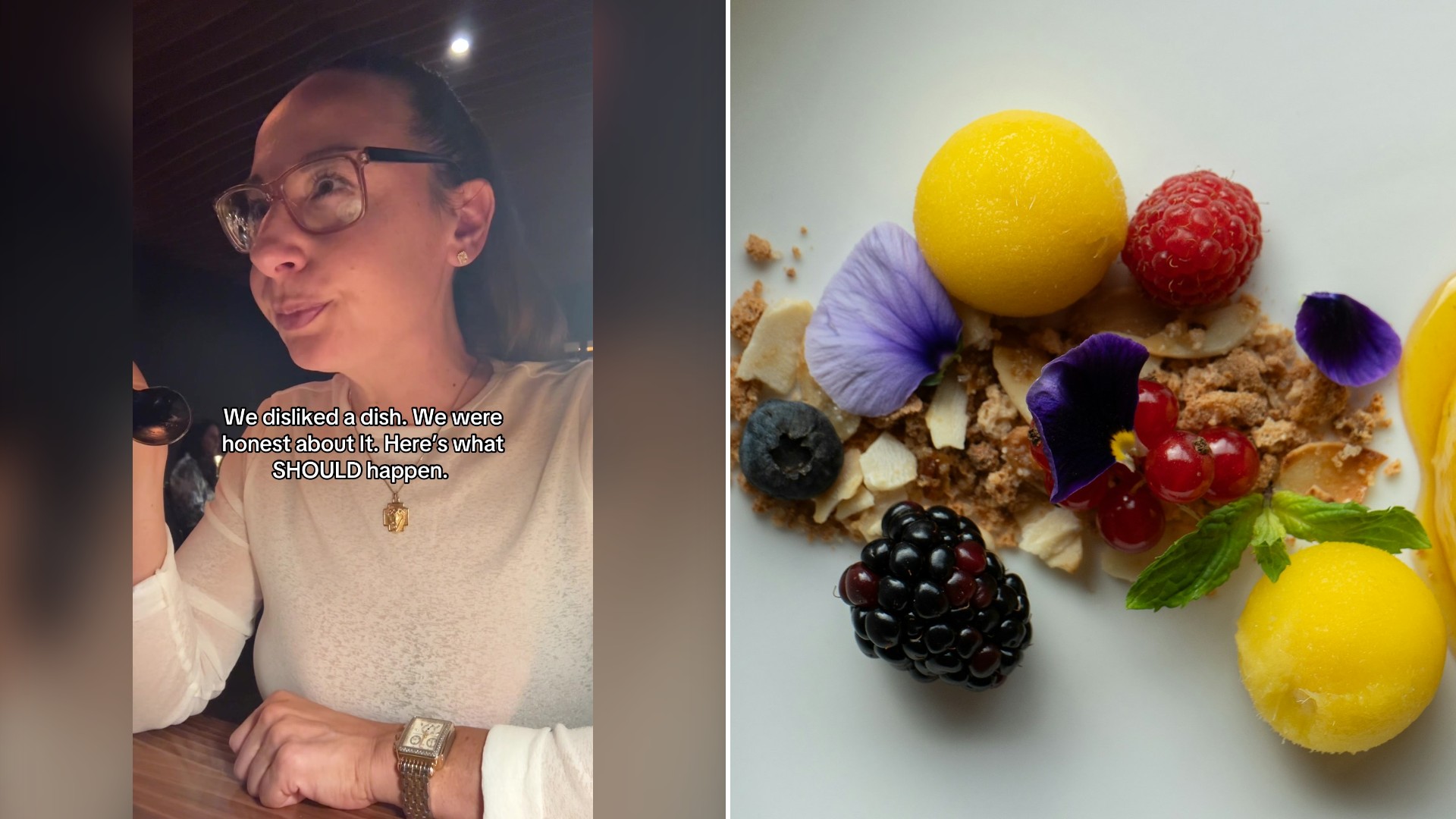 Split image with the cover of @comfywith_kerry's TikTok video, where she tastes a dessert at the restaurant, on the left and an Unsplash photo by Ionela Mat on the right showing a plated dessert of fruit and a scoop of ice cream on a white plate