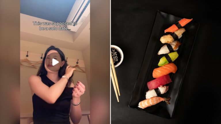 Split image with the cover of @time.w.toni's Instagram reel, where she sits in a restaurant under a caption about her solo dinner, on the left and an Unsplash photo by Mahmoud Fawzy on the right showing sushi on a black square plate at a restaurant