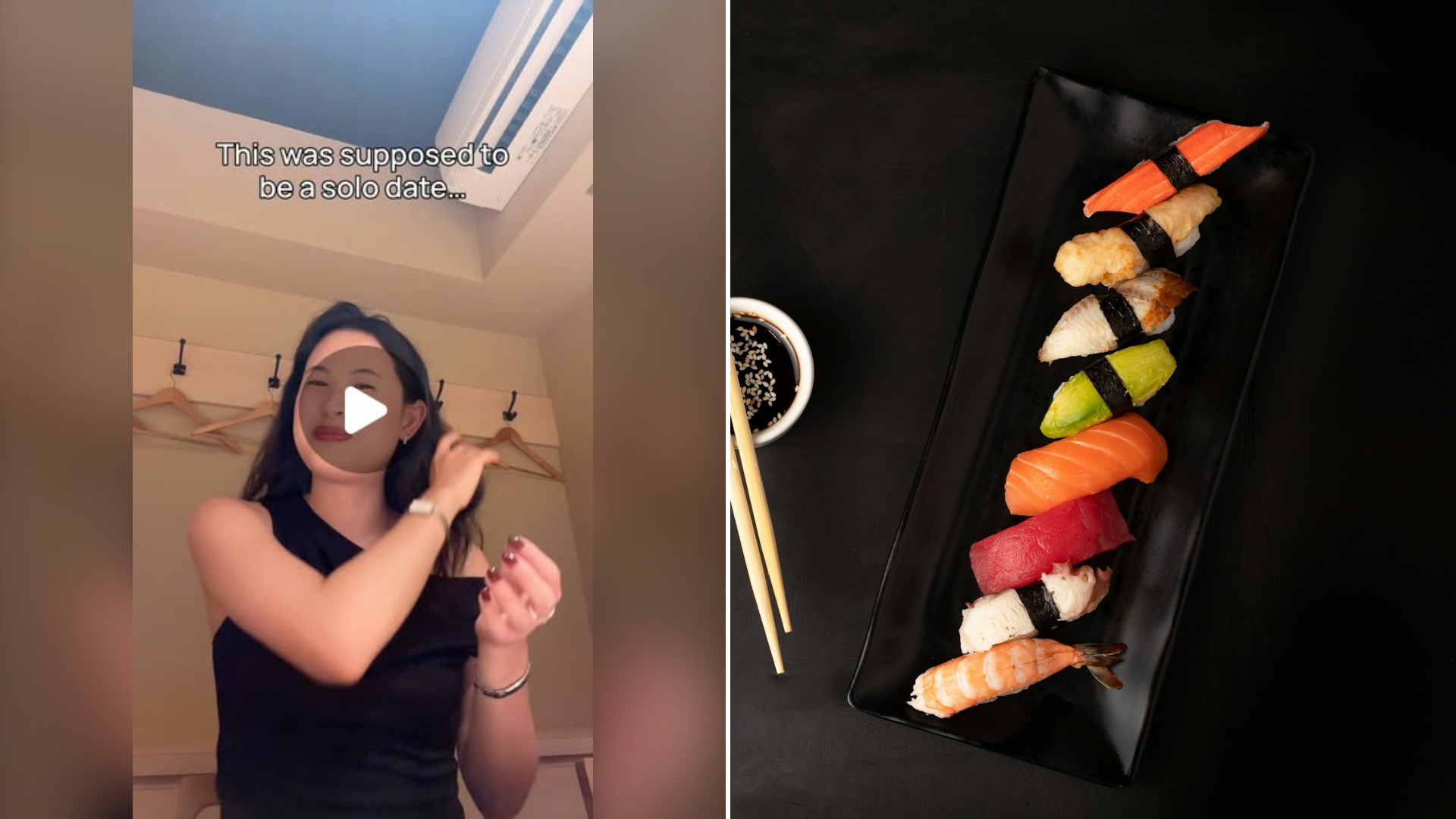 Split image with the cover of @time.w.toni's Instagram reel, where she sits in a restaurant under a caption about her solo dinner, on the left and an Unsplash photo by Mahmoud Fawzy on the right showing sushi on a black square plate at a restaurant