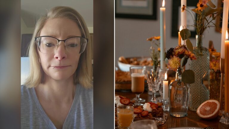 Split image with the cover of @lougirl877's TikTok video, where she talks to the camera in glasses, on the left and an Unsplash photo by Zac Cain on the right showing a dinner table set with candles and plates of food