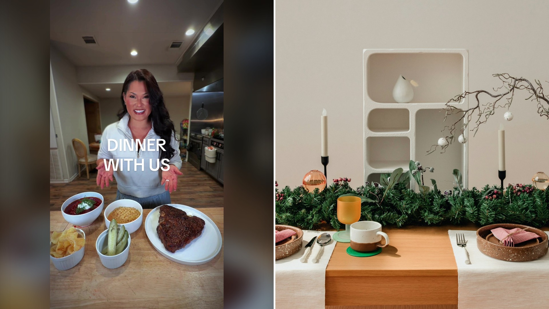 Split image with the cover of @erica_sherwood's TikTok video, where she sits behind several plated dinners under the words Dinner With Us, on the left and an Unsplash photo by Levi T. on the right showing a wooden table topped with plates and bowls of food
