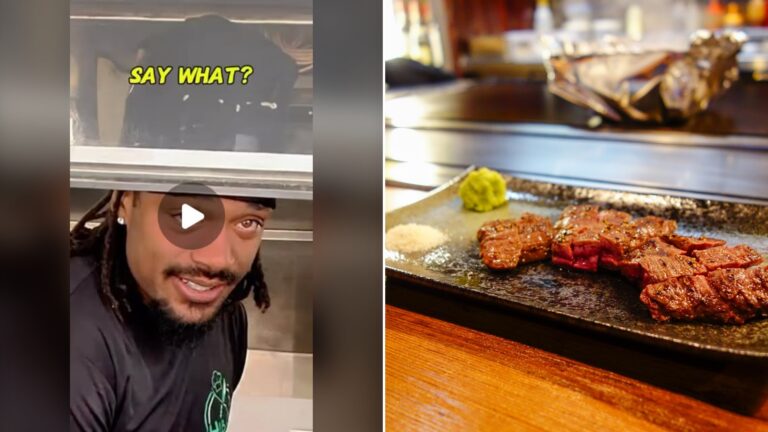 Split image with the cover of @hibachibroshtx's Instagram reel, where he reacts under the words Say What, on the left and an Unsplash photo by Zion C on the right showing sliced wagyu steak on a black plate with a hot grill glowing behind it