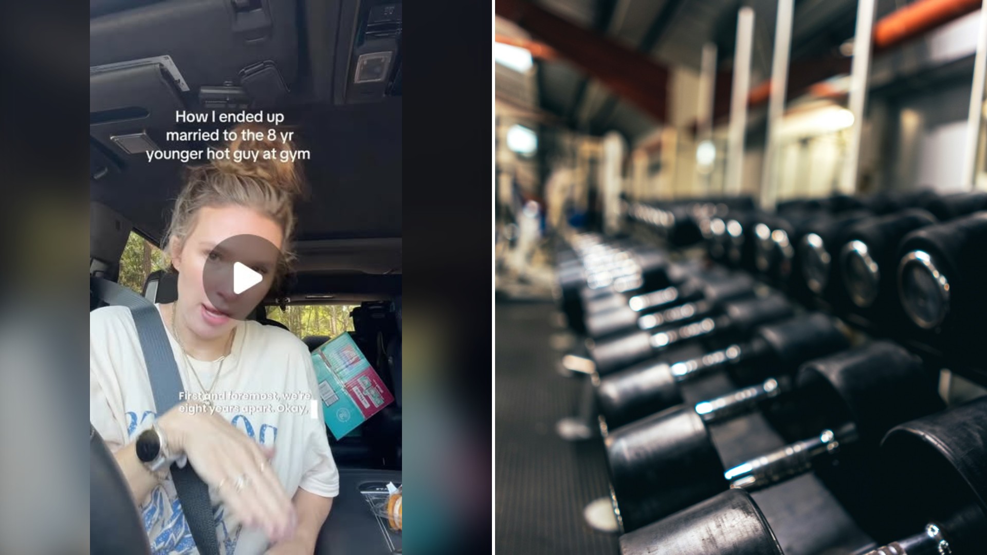 Split image with the cover of @the_o.crew's Instagram reel, where she sits in her car under a caption about marrying the younger guy from the gym, on the left and an Unsplash photo by Samuel Girven on the right showing a row of black dumbbells on a gym rack