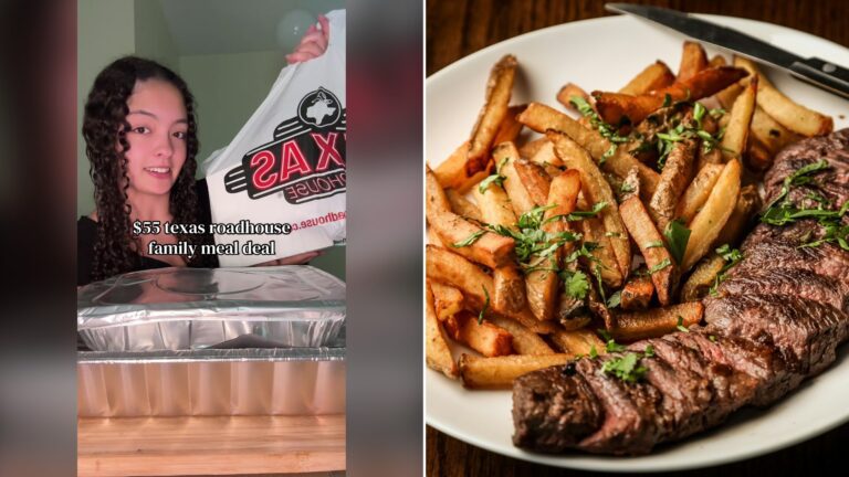 Split image with the cover of @curlygirlgrubs's TikTok video, where she holds up a Texas Roadhouse bag under the words $55 Texas Roadhouse Family Meal Deal, on the left and an Unsplash photo by Tim Toomey on the right showing sliced grilled steak with truffle fries on a white plate