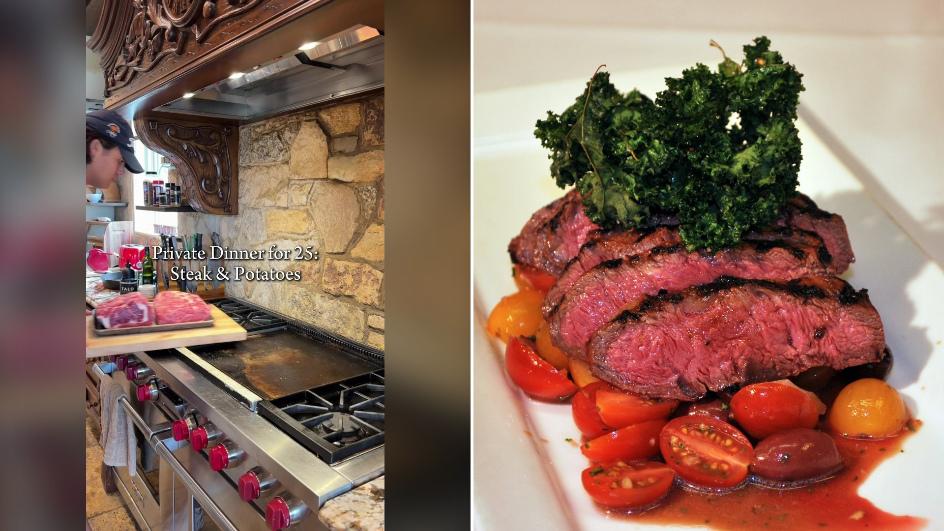 Split image with the cover of @nacho.cookin's TikTok video, where steaks rest on a board in a kitchen with a stone range hood, on the left and an Unsplash photo by David B Townsend on the right showing sliced flank steak with tomatoes and greens on a white plate