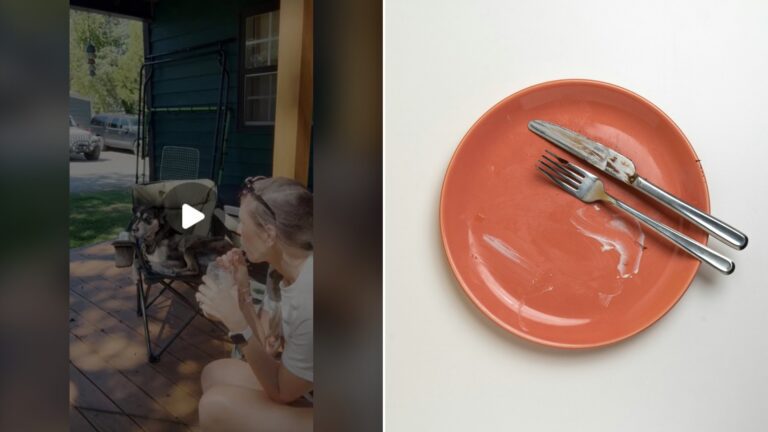 Split image with the cover of @_betheverson_'s Instagram reel, where she sits on a porch beside a folding chair, on the left and an Unsplash photo by Jonathan Greenaway on the right showing an empty plate with a fork and knife