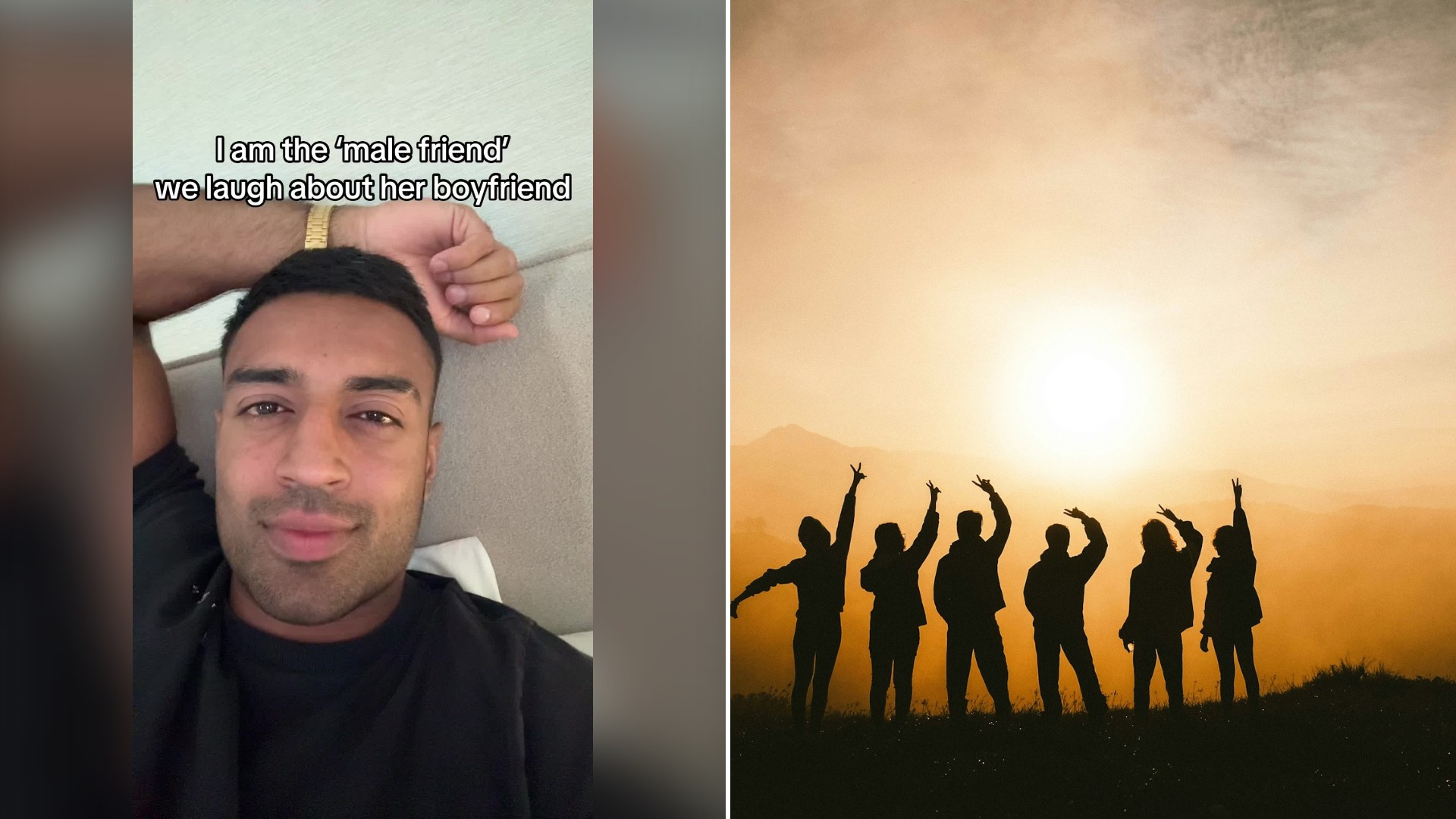 Split image with the cover of @hamzaahmedcult's TikTok video, where he talks to the camera under a caption about being the male friend, on the left and an Unsplash photo by Chang Duong on the right showing silhouettes of six people standing on a mountaintop