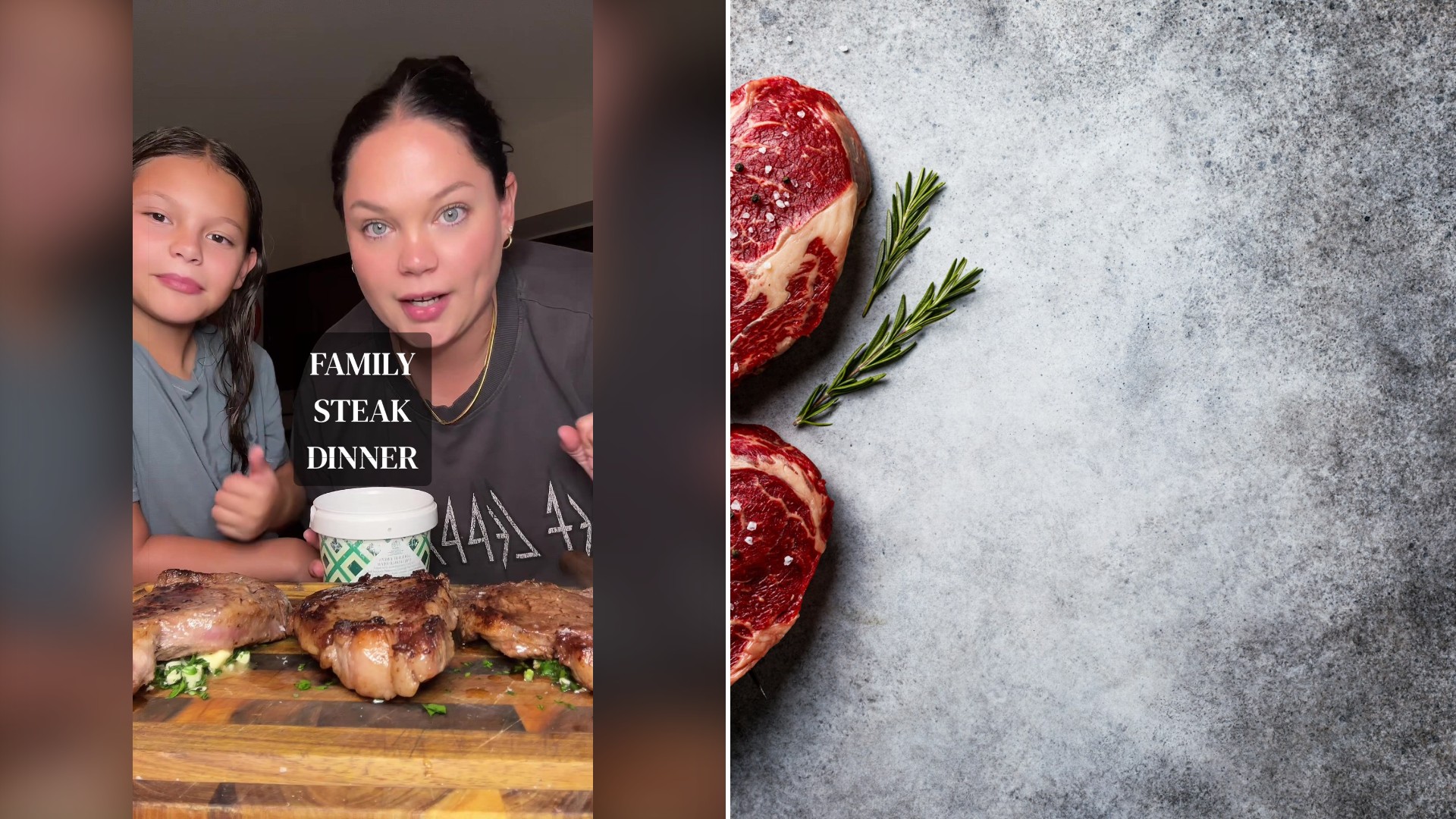 Split image with the cover of @themoniqueelyousfi's TikTok video, where she shows off a family steak dinner, on the left and an Unsplash photo by Sergey Kotenev on the right showing two raw ribeye steaks with garlic and pepper on a gray background