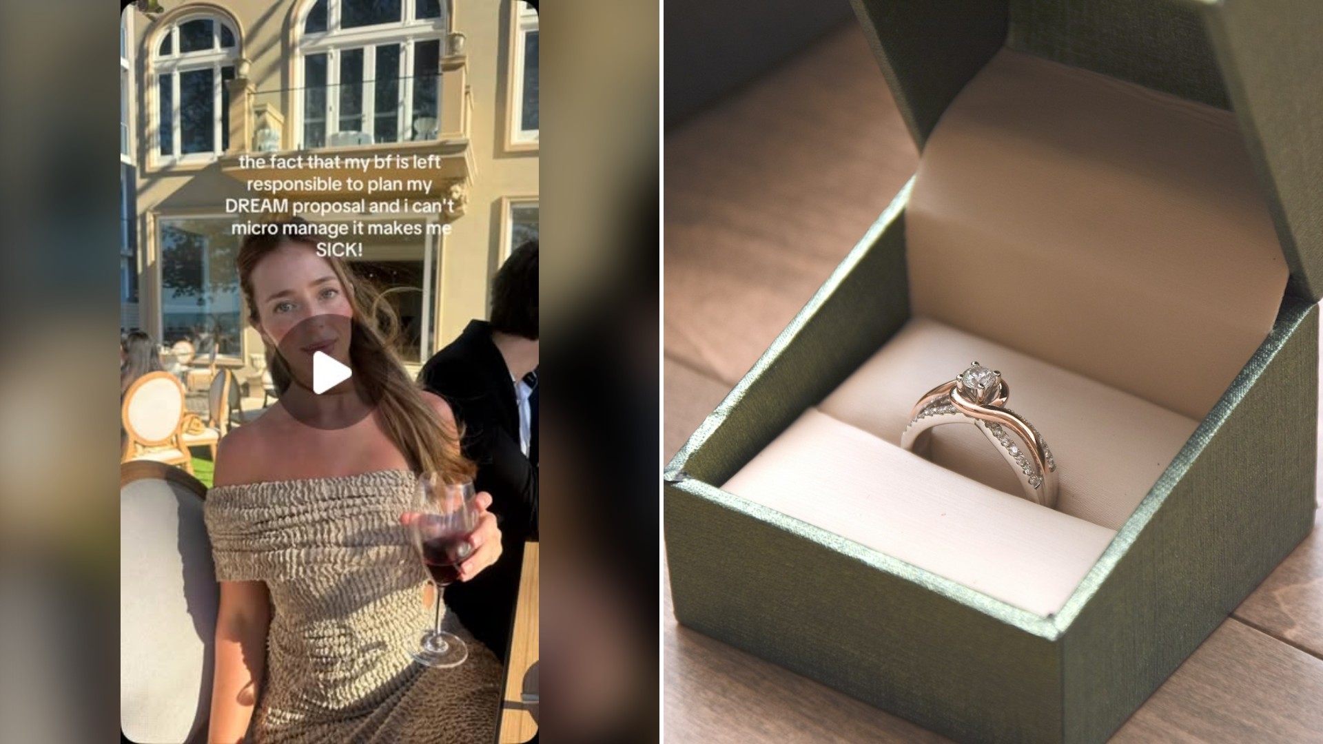Split image with the cover of @georgiaburles's Instagram reel, where she stands on a sidewalk under a caption about waiting on a proposal, on the left and an Unsplash photo by Jackie Tsang on the right showing a silver-colored ring with a gemstone in a ring box