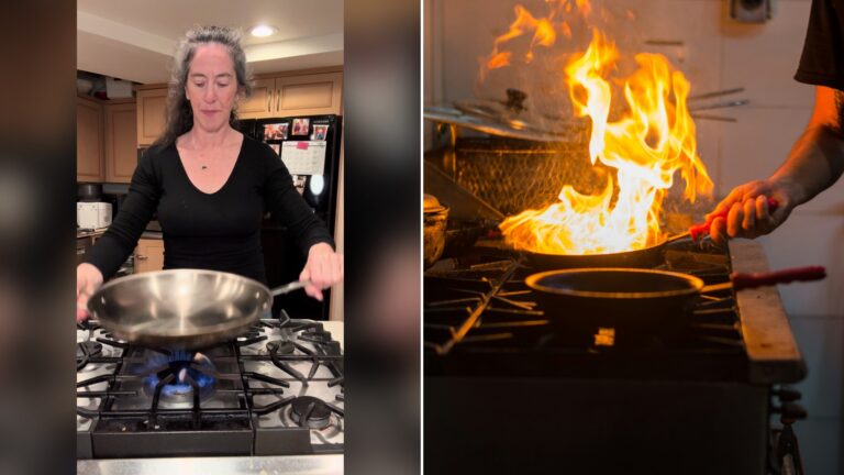 Split image with the cover of @seattlehanddoc's TikTok video, where she holds a frying pan over the stove, on the left and an Unsplash photo by Frederick Medina on the right showing flames rising from a pan
