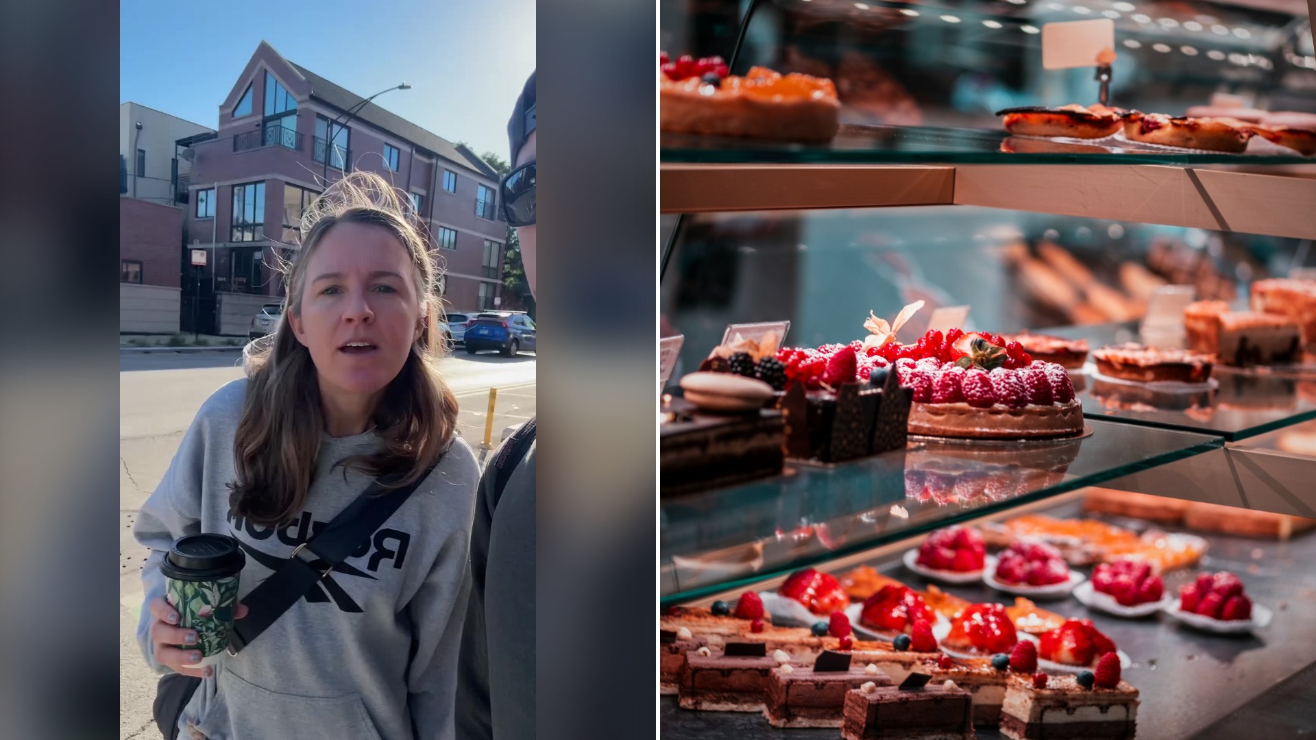 Split image with the cover of @dannycon_rad's TikTok video, where she holds a cup outside on a Chicago street, on the left and an Unsplash photo by Ulysse Pointcheval on the right showing fruit tarts and chocolate cakes on glass shelves in a bakery display