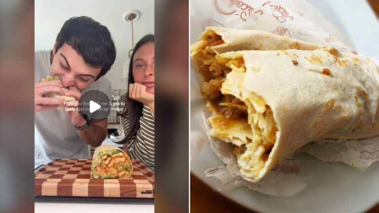 Split image with the cover of @mayacent's Instagram reel, where a man and a woman take bites of a homemade wrap, on the left and an Unsplash photo by Inna Safa on the right showing a wrapped burrito on a plate
