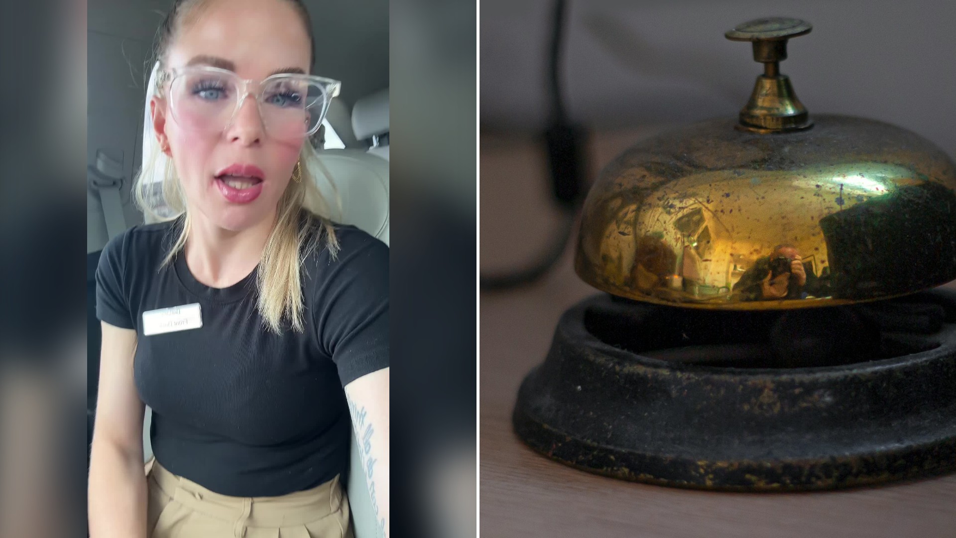 Split image with the cover of @britbratpattywack3's TikTok video, where she talks to the camera in a black work shirt, on the left and an Unsplash photo by Jonathan Cosens Photography on the right showing a vintage brass service bell on a wooden desk