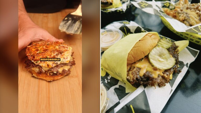 Split image with the cover of @meatlicious_'s TikTok video, where a stacked smash burger sits on a cutting board, on the left and an Unsplash photo by Christopher Stites on the right showing a smash cheeseburger with pickles and melted cheese, served with fries