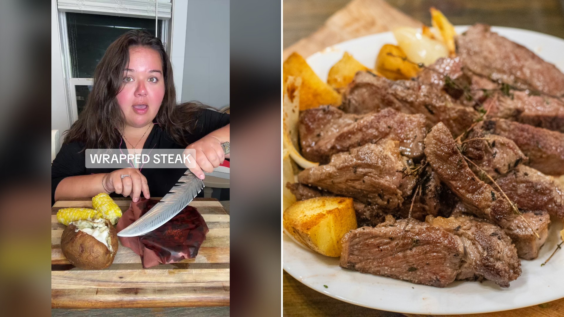 Split image with the cover of @ojgrubz's TikTok video, where she slices into a wrapped steak dinner, on the left and an Unsplash photo by Natalia Gusakova on the right showing a white plate with steak and potatoes