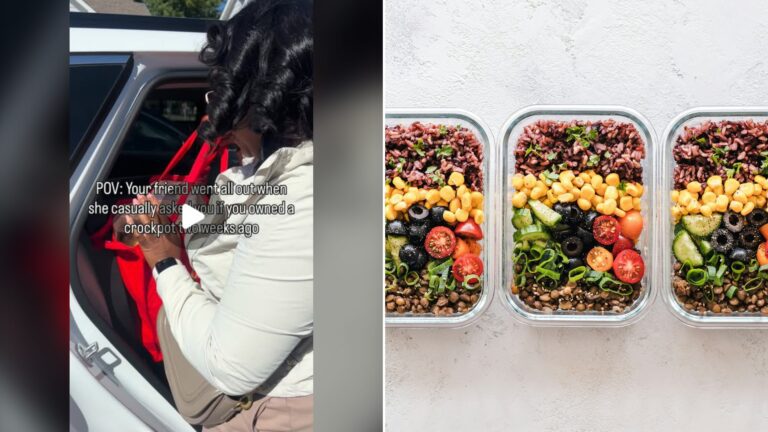 Split image with the cover of @kyrao___'s Instagram reel, where she unloads food containers from a car, on the left and an Unsplash photo by Ella Olsson on the right showing three glass meal-prep containers of rice, corn, olives, tomatoes, cucumbers and lentils