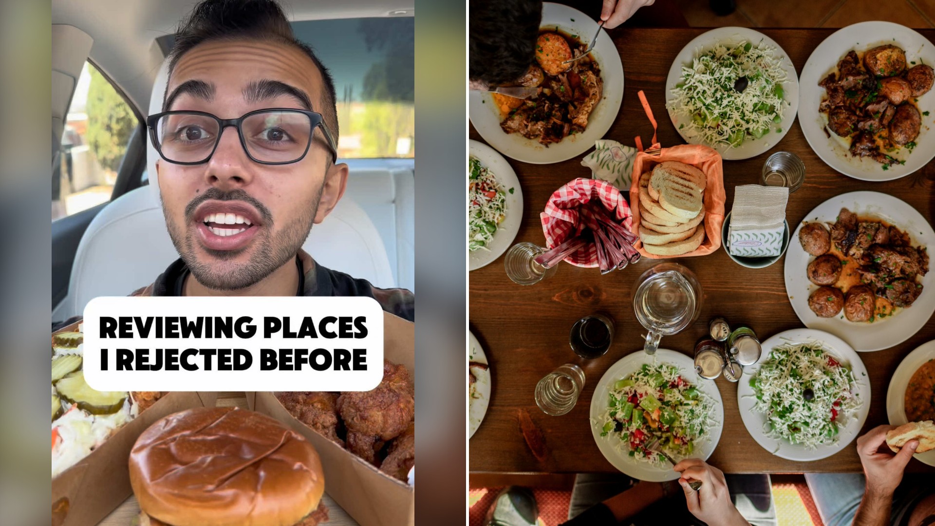 Split image with the cover of @alsonlovesfood's TikTok video, where he holds a sandwich under the words Reviewing Places I Rejected Before, on the left and an Unsplash photo by Stefan Vladimirov on the right showing a table of white plates with assorted foods