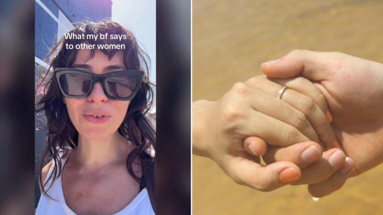 Split image with the cover of @tatianafrankcomedy's TikTok video, where she wears sunglasses under the words What My BF Says to Other Women, on the left and an Unsplash photo by Nguyễn Tân on the right showing a close-up of two people holding hands