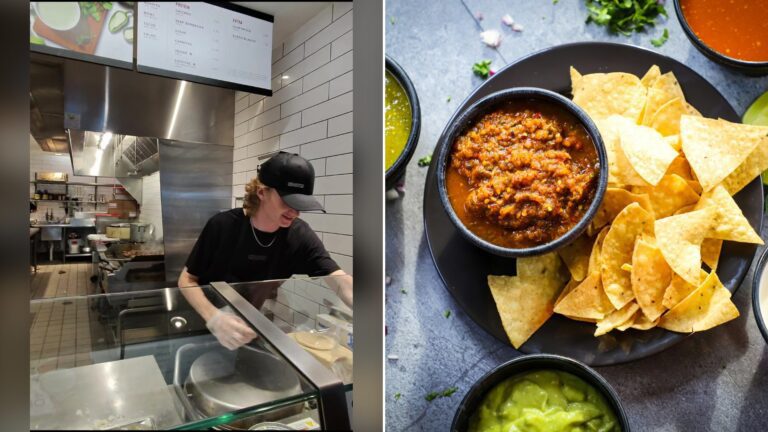 Split image with the cover of @shawnthefoodie's TikTok video, where he stands at the Chipotle counter, on the left and an Unsplash photo by Frankie Lopez on the right showing a plate of chips with salsa and guacamole on a table