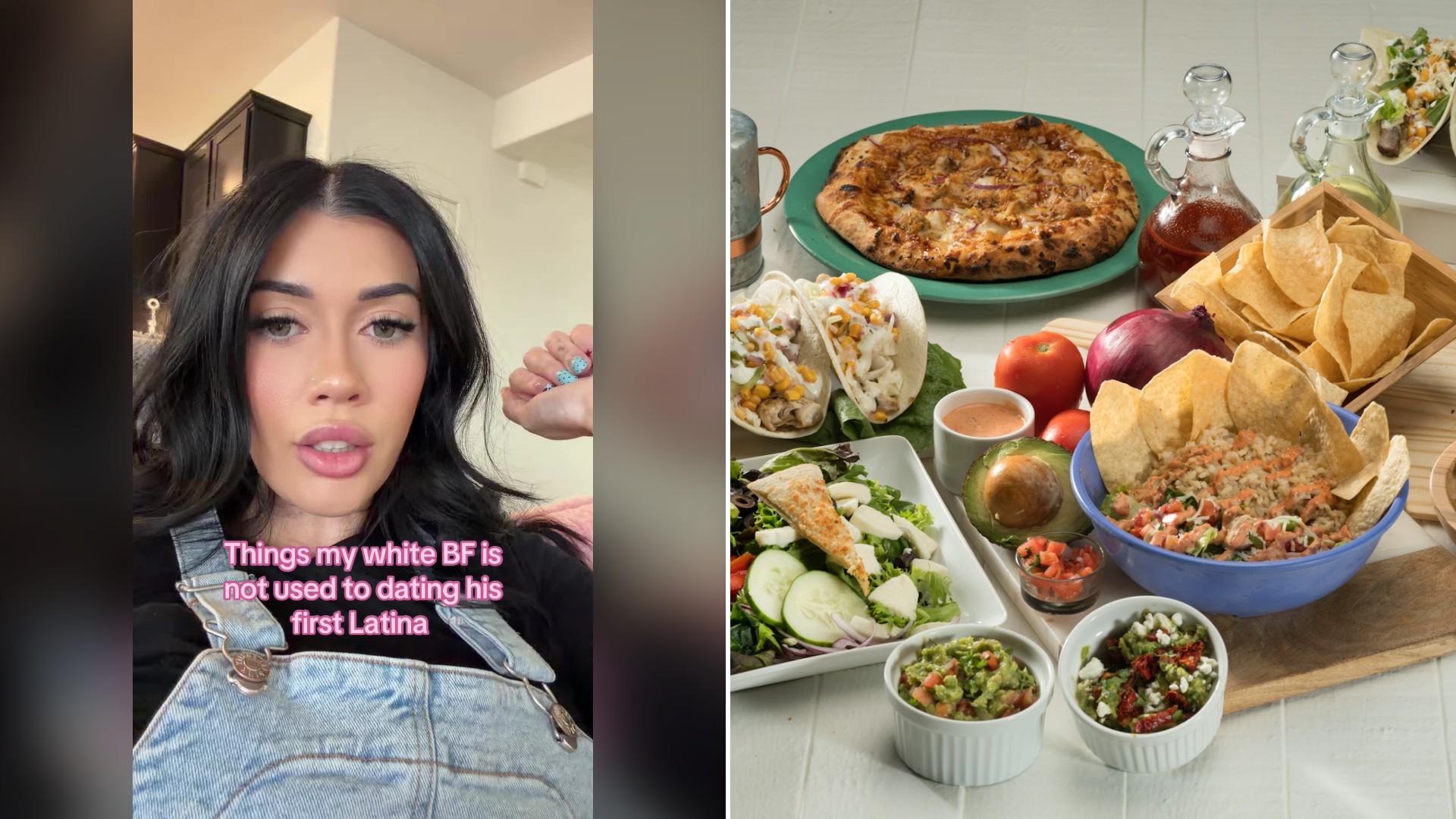 Split image with the cover of @loseitwithnat's TikTok video, where she talks to the camera under a caption about dating her first Latina girlfriend, on the left and an Unsplash photo by Randy Fath on the right showing a spread of assorted dishes on a table