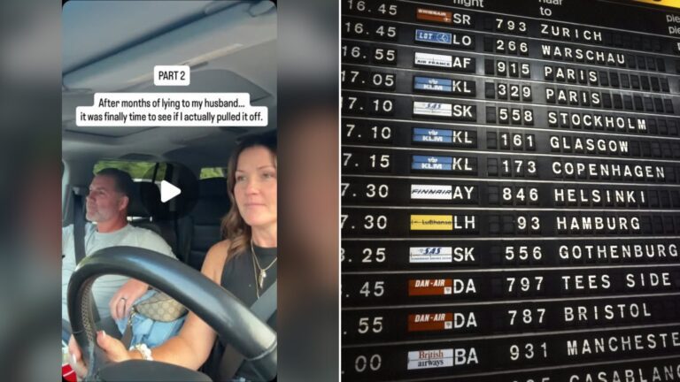 Split image with the cover of @spacesandplacesbysheila's Instagram reel, where the couple rides in the car on the way to the surprise, on the left and an Unsplash photo by Amsterdam City Archives on the right showing an airport split-flap departure board