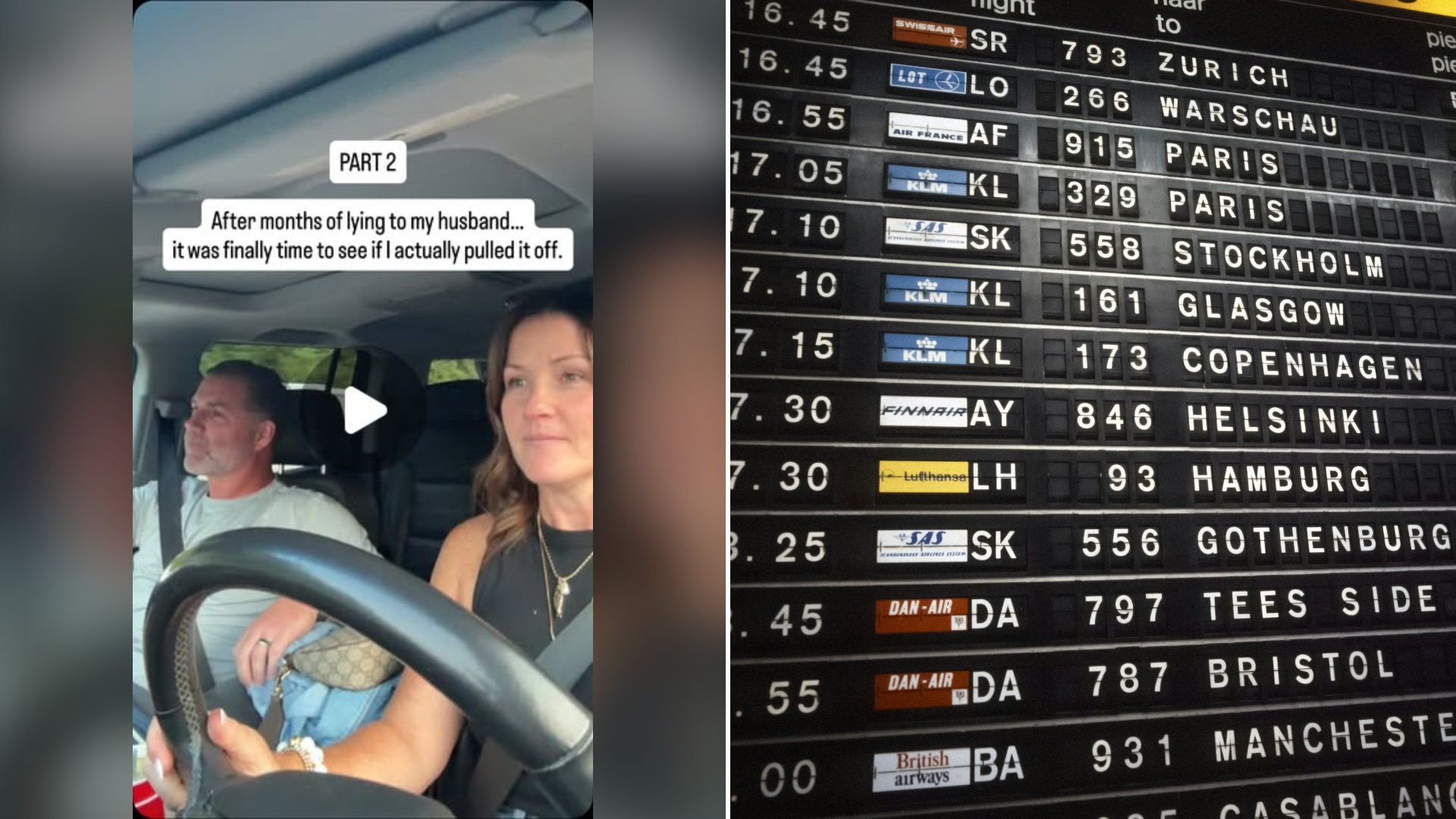 Split image with the cover of @spacesandplacesbysheila's Instagram reel, where the couple rides in the car on the way to the surprise, on the left and an Unsplash photo by Amsterdam City Archives on the right showing an airport split-flap departure board