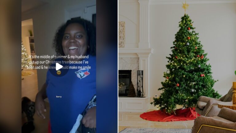 Split image with the cover of @itslialand's Instagram reel, where she stands in front of a decorated Christmas tree, on the left and an Unsplash photo by Frames For Your Heart on the right showing a green Christmas tree decorated with baubles