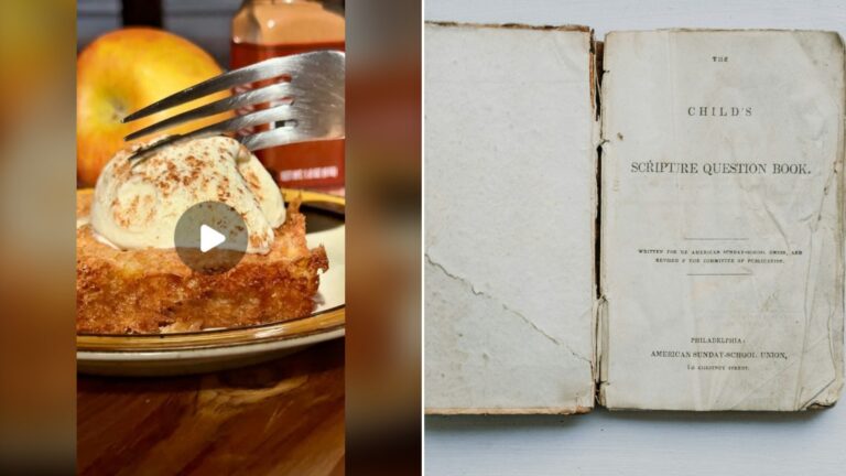 Split image with the cover of @rhythm.kitchen's Instagram reel, where a fork digs into a slice of apple dessert topped with ice cream, on the left and an Unsplash photo by Kelly Sikkema on the right showing an old book lying open on a white surface