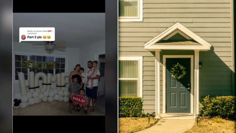 Split image with the cover of @prisss_g's TikTok video, where the family poses in front of balloons and a sold sign, on the left and an Unsplash photo by Osmany M Leyva Aldana on the right showing a house front door with a wreath and a pathway