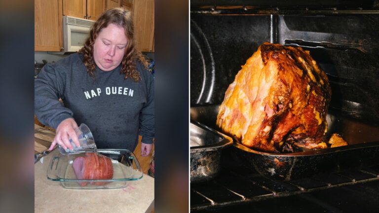 Split image with the cover of @shepherdplayspiano's TikTok video, where she pours glaze over a ham in a glass baking dish, on the left and an Unsplash photo by Seb Reivers on the right showing a whole glazed ham roasting in a tray inside an oven