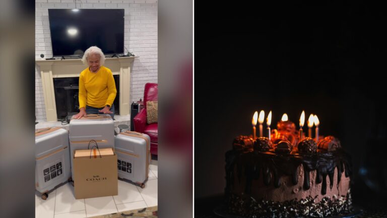 Split image with the cover of @cokokorinne's TikTok video, where she stands beside a set of new luggage in the living room, on the left and an Unsplash photo by Duncan Kidd on the right showing a chocolate birthday cake with lit candles on a dark background