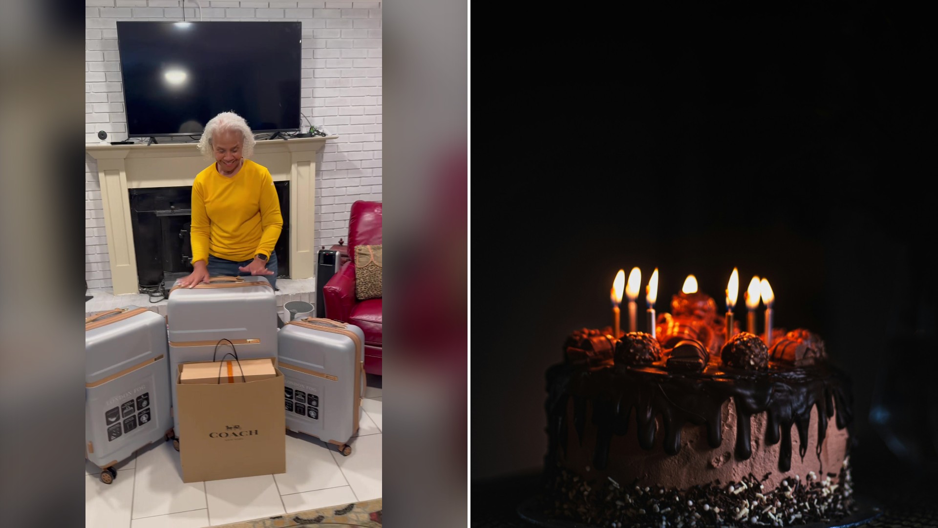 Split image with the cover of @cokokorinne's TikTok video, where she stands beside a set of new luggage in the living room, on the left and an Unsplash photo by Duncan Kidd on the right showing a chocolate birthday cake with lit candles on a dark background