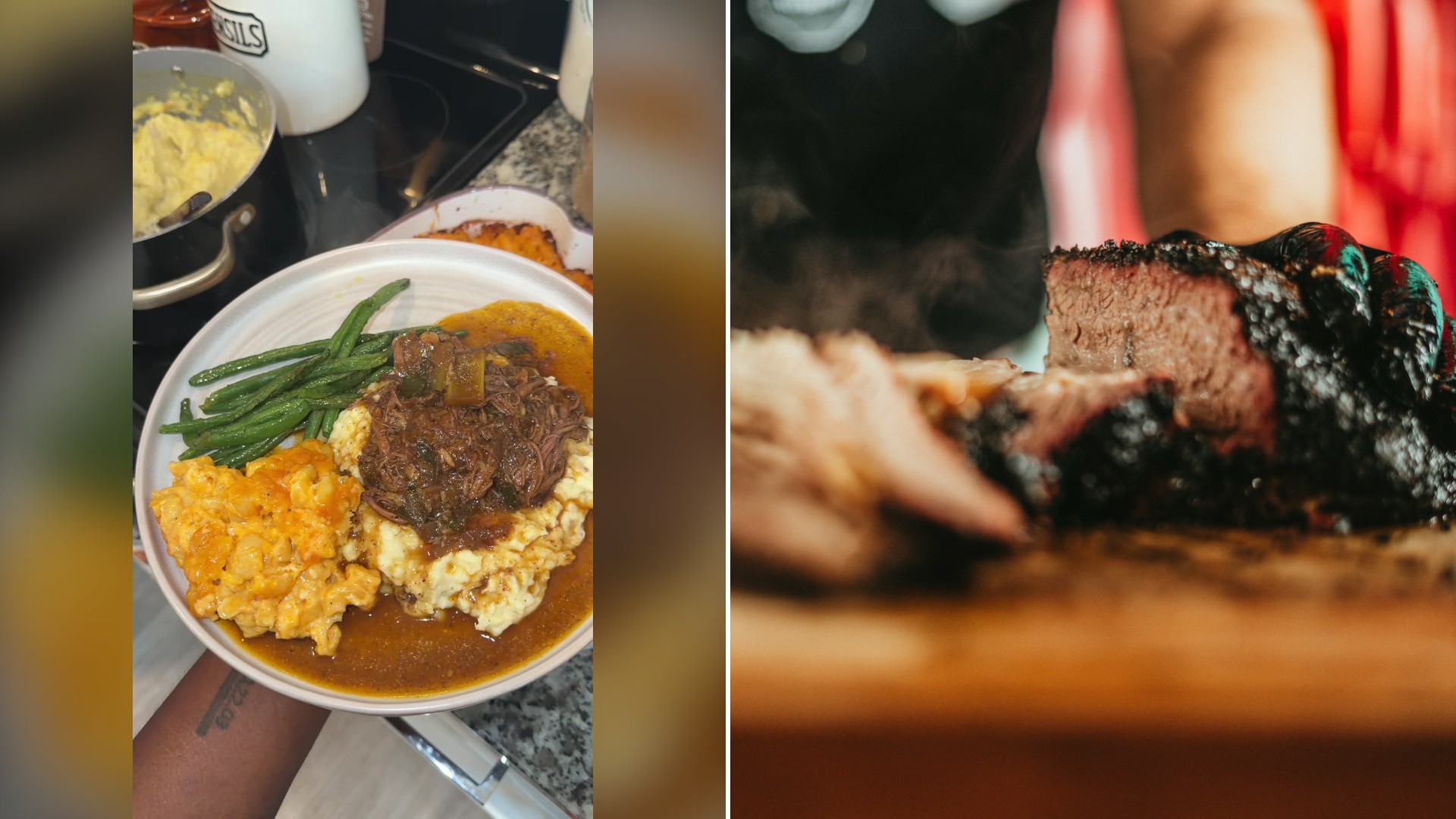 Split image with the cover of @kendriyanawilson's TikTok video, where a plate holds braised brisket, mac and cheese and green beans, on the left and an Unsplash photo by Josh Olalde on the right showing a piece of cooked meat on a cutting board