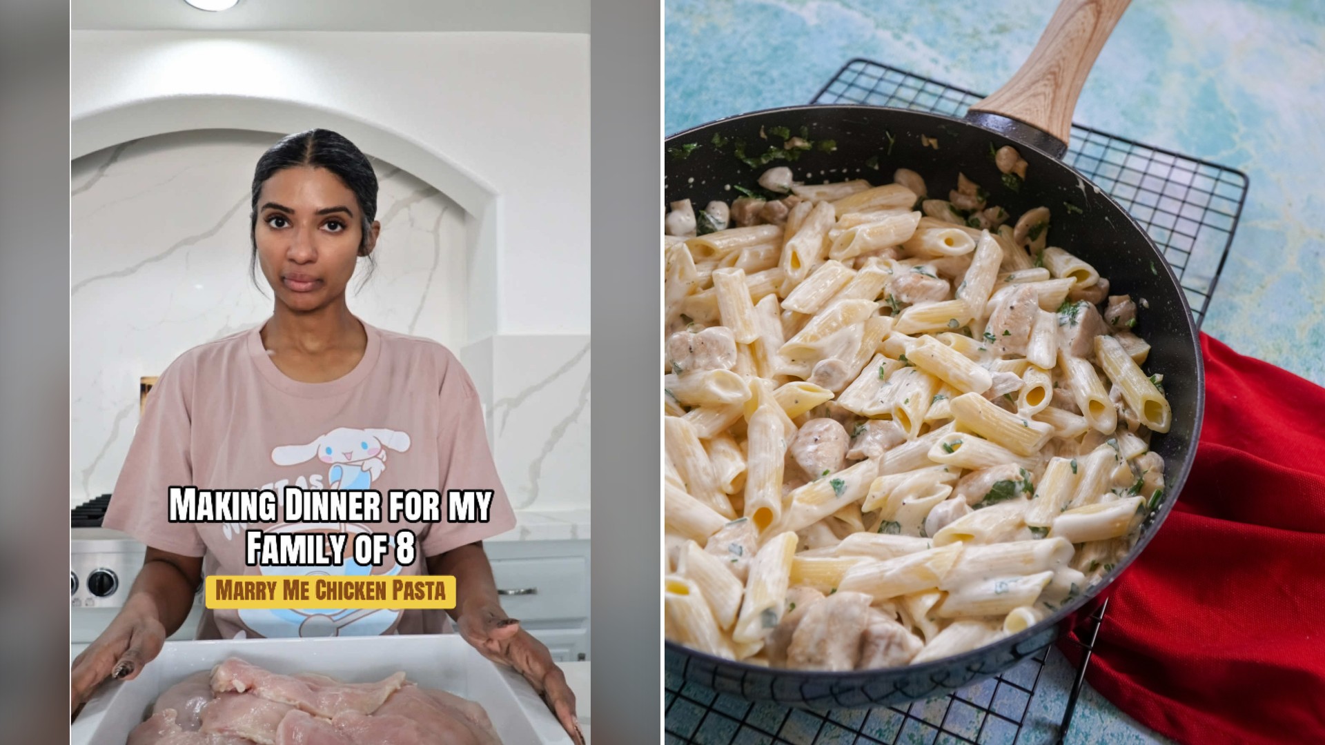 Split image with the cover of @mzkora's TikTok video, where she talks to the camera under the words Making Dinner for My Family of 8, on the left and an Unsplash photo by Karolina Kołodziejczak on the right showing a black frying pan of creamy penne with chicken and mushrooms