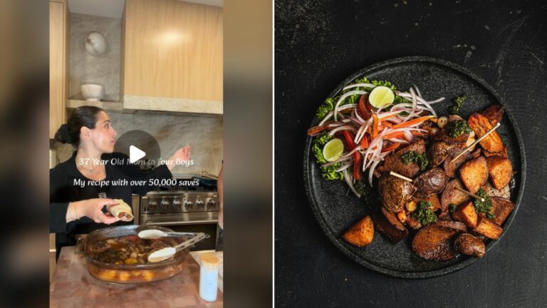 Split image with the cover of @farrahfeeds's Instagram reel, where she stands over a glass baking dish in her kitchen, on the left and an Unsplash photo by Diego Arenas de Rodrigo on the right showing grilled meat with roasted potatoes and salad