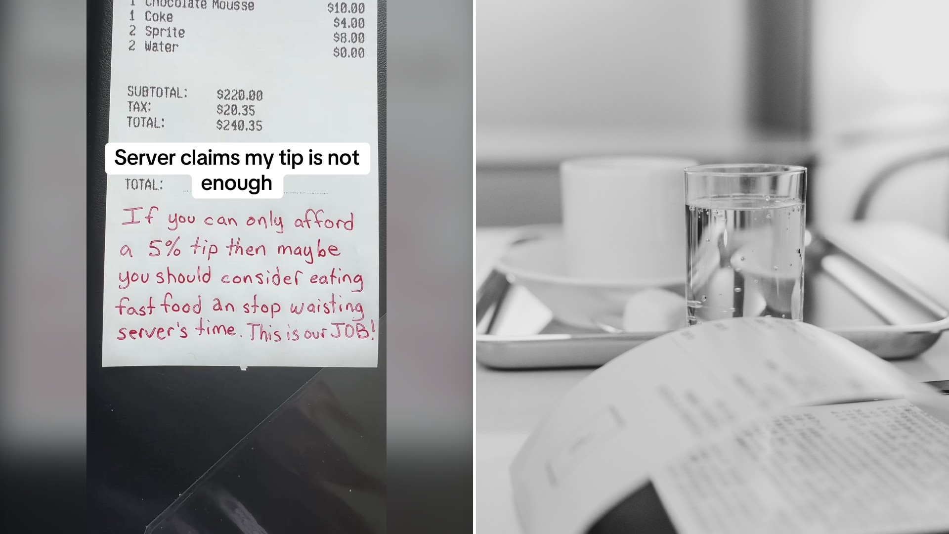 Split image with the cover of @captain.t.roll's TikTok video showing his receipt with a handwritten note saying a 5% tip means he should eat fast food on the left and an Unsplash photo by Wesley Shen on the right showing a restaurant tray with a glass of water and a printed receipt
