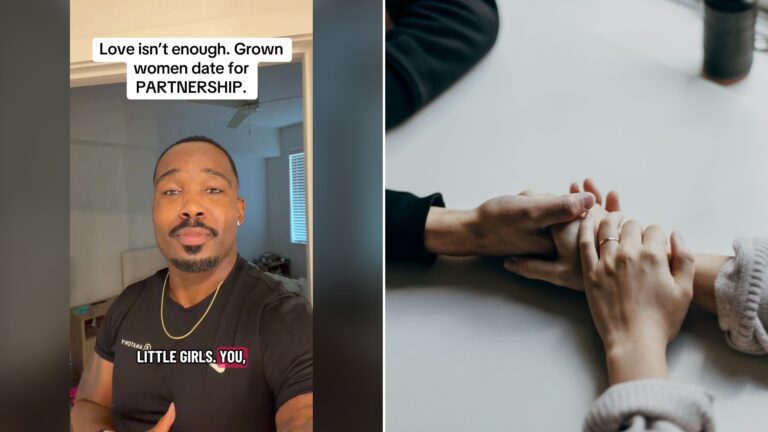 Split image with the cover of @corytalksnow's TikTok video, where dating coach Cory talks to the camera under the caption Love isn't enough, grown women date for partnership, on the left and an Unsplash photo by Priscilla Du Preez on the right showing two people holding hands on a white table, one wearing a ring