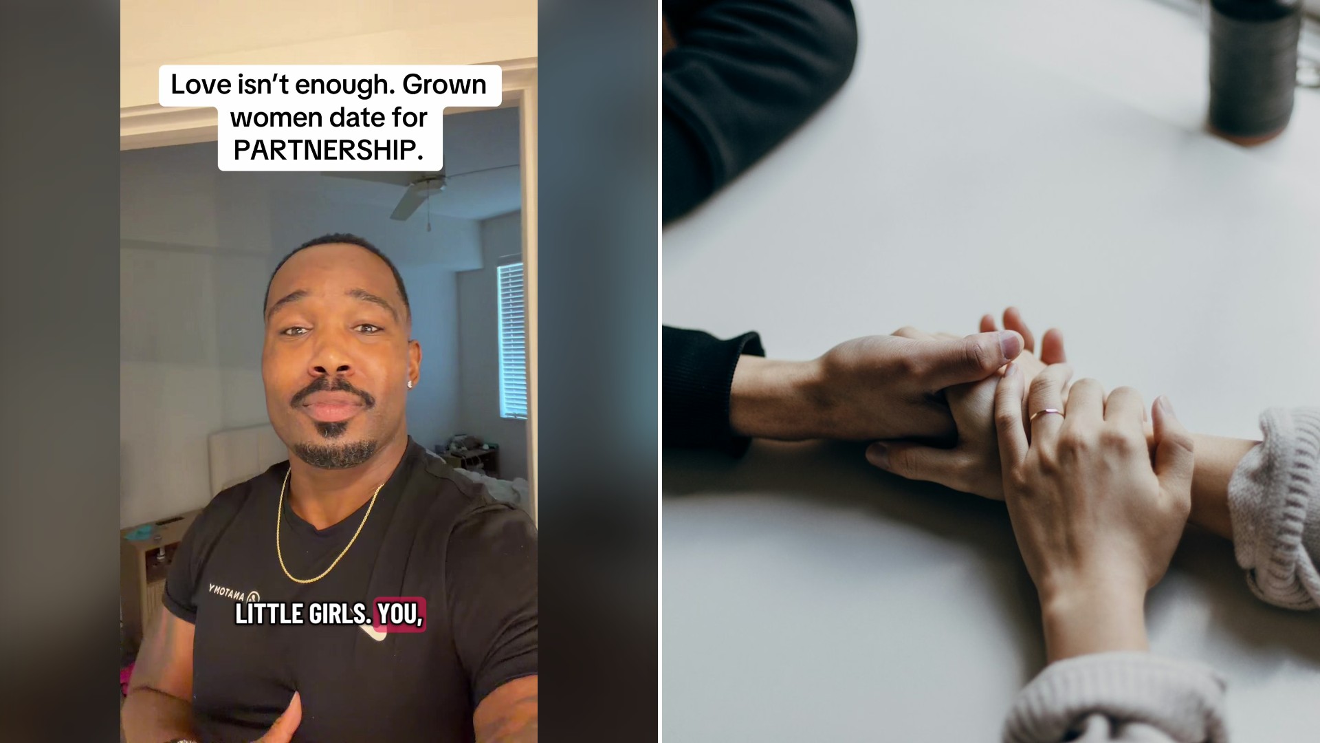 Split image with the cover of @corytalksnow's TikTok video, where dating coach Cory talks to the camera under the caption Love isn't enough, grown women date for partnership, on the left and an Unsplash photo by Priscilla Du Preez on the right showing two people holding hands on a white table, one wearing a ring