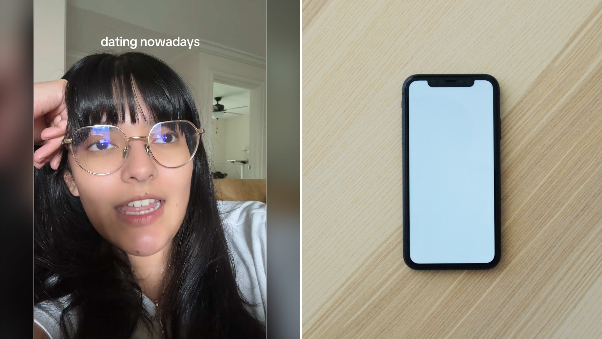 Split image with the cover of @kiwiproductions.tx's TikTok video, where Marissa talks to the camera under the caption dating nowadays, on the left and an Unsplash photo by Vojtech Bruzek on the right showing a black smartphone with a blank screen on a light wooden table