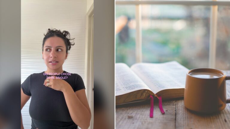 Split image with the cover of @mmaebyy's TikTok video, where Maeby asks whether people choose to be single, on the left and an Unsplash photo by Sixteen Miles Out on the right showing an open book and a mug of coffee by a window
