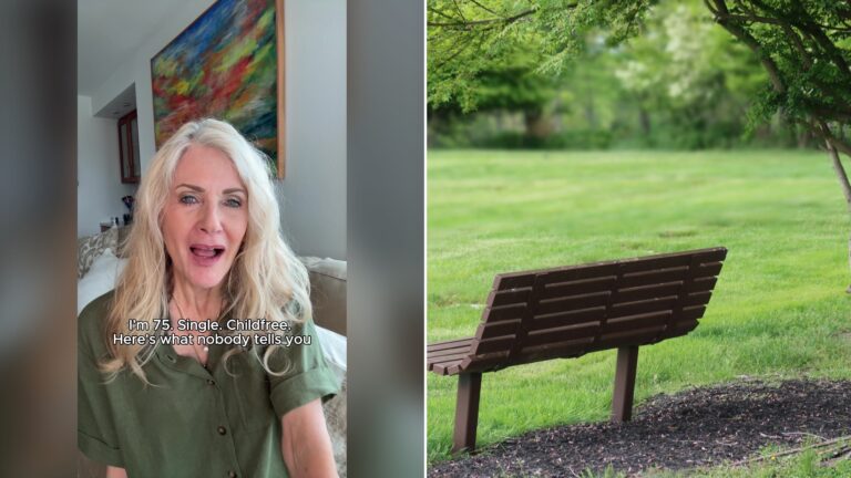 Split image with the cover of @seventywaves's TikTok video, where Aunt Pam smiles under the caption I'm 75, single, childfree, on the left and an Unsplash photo by Ann on the right showing an empty wooden bench on a green lawn
