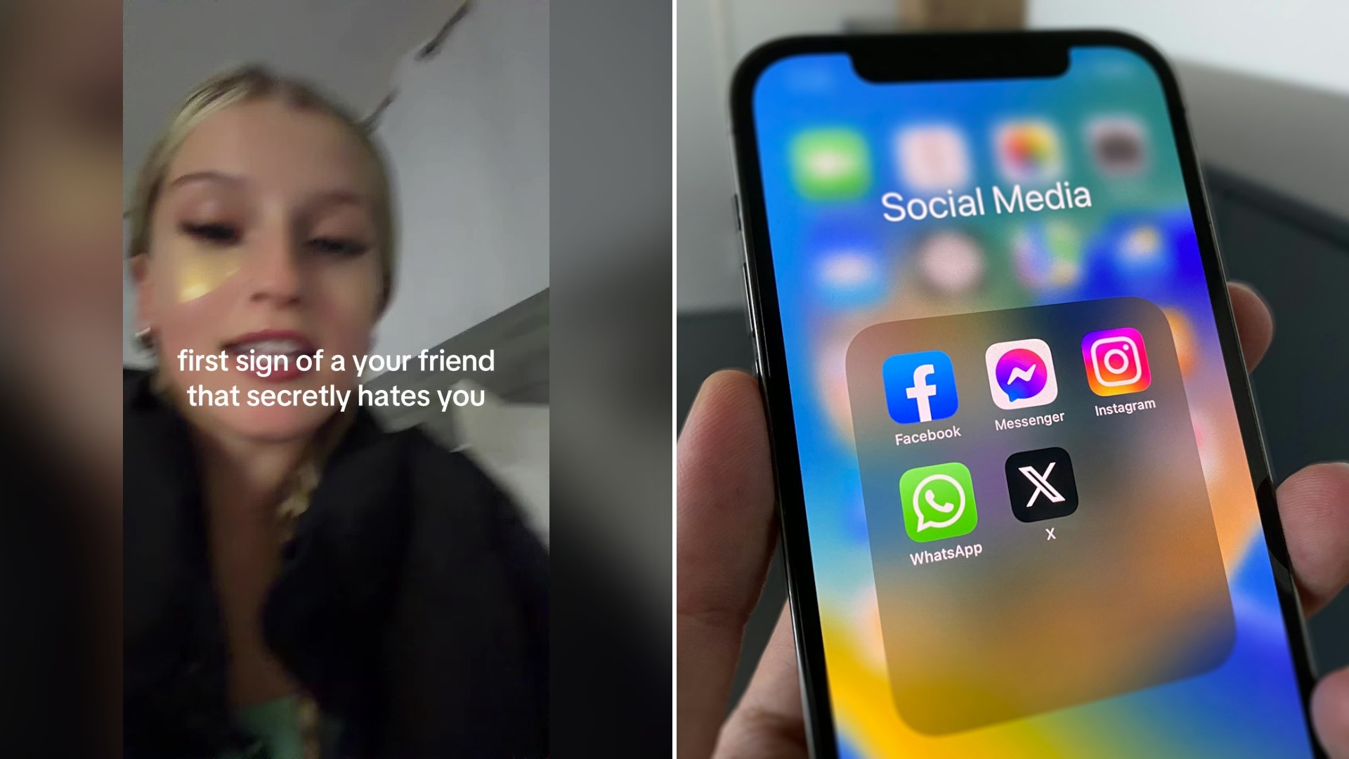 Split image with the cover of @ulovelailahakim's TikTok video, where Lailah talks under a caption about the first sign of a friend who secretly hates you, on the left and an Unsplash photo by Julian on the right showing a hand holding a phone open to a folder of social media apps