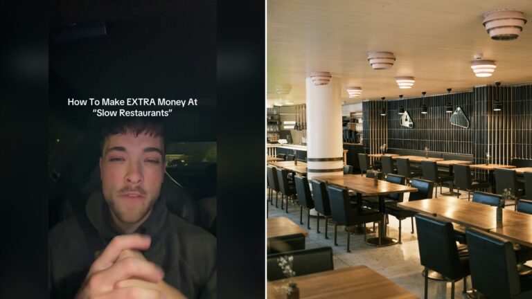 Split image with the cover of @ryan_stannard4's TikTok video, where server Ryan Stannard talks under the caption How To Make Extra Money At Slow Restaurants, on the left and an Unsplash photo by Timon Reinhard on the right showing an empty modern restaurant dining room with wooden tables and black chairs