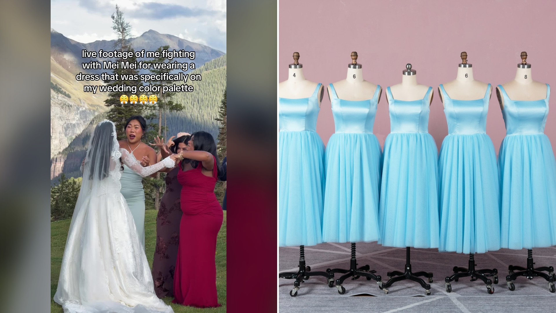 Split image with the cover of @sophiacuerquis's TikTok video, where the bride play fights with her bridesmaids in front of mountains, on the left and an Unsplash photo by Victoria's Queen on the right showing a row of pale blue bridesmaid dresses on dress forms