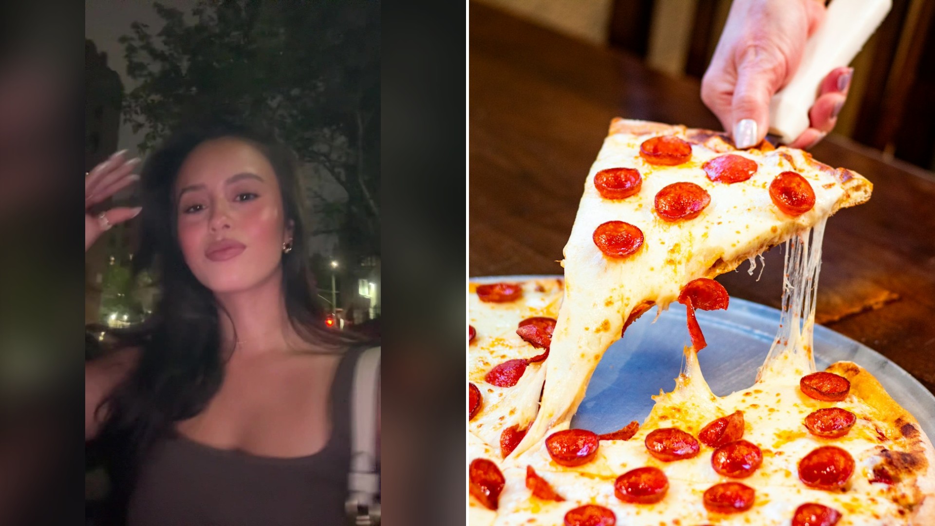 Split image with the cover of @itsvictoriavega's TikTok video, where Victoria Vega poses outside at night, on the left and an Unsplash photo by Mikey Frost on the right showing a hand lifting a cheesy slice of pepperoni pizza