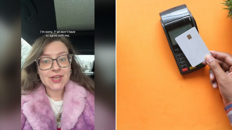 Split image with the cover of @yourcorporatebestie's TikTok video, where she talks from her car under the caption Y'all don't have to agree with me, on the left and an Unsplash photo by Towfiqu barbhuiya on the right showing a hand holding a card to a payment terminal on an orange background
