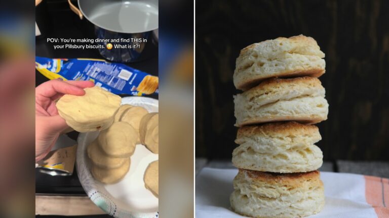 Split image with the cover of @where.kim.goes's TikTok video, where a hand holds a piece of raw biscuit dough over a plate, on the left and an Unsplash photo by Jodie Morgan on the right showing a close-up of Southern-style biscuits