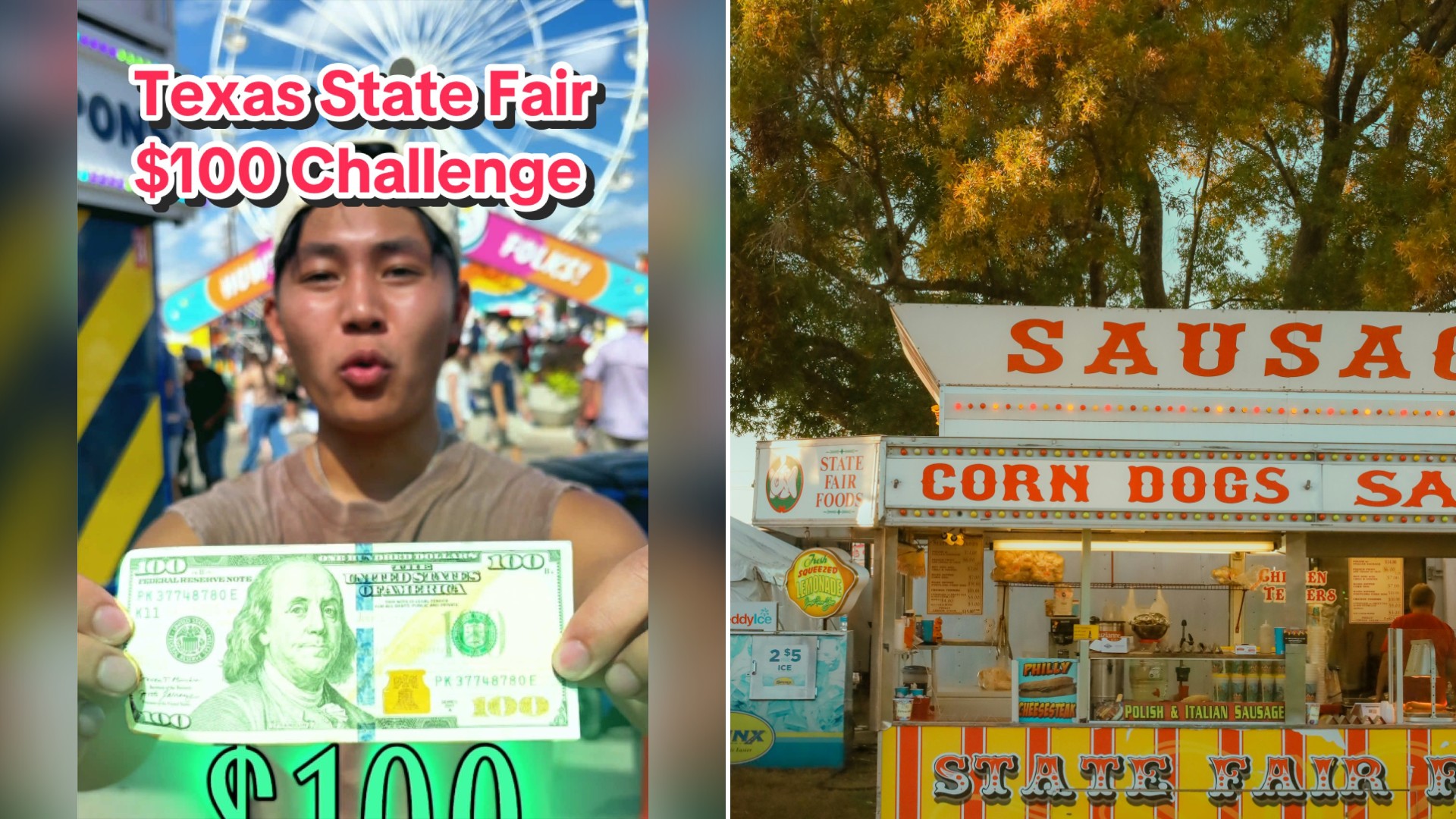 Split image with the cover of @thefoodnoob's TikTok video, where he holds up a $100 bill under the words Texas State Fair $100 Challenge, on the left and an Unsplash photo by Brandon Griggs on the right showing a fair food stand selling sausage and corn dogs