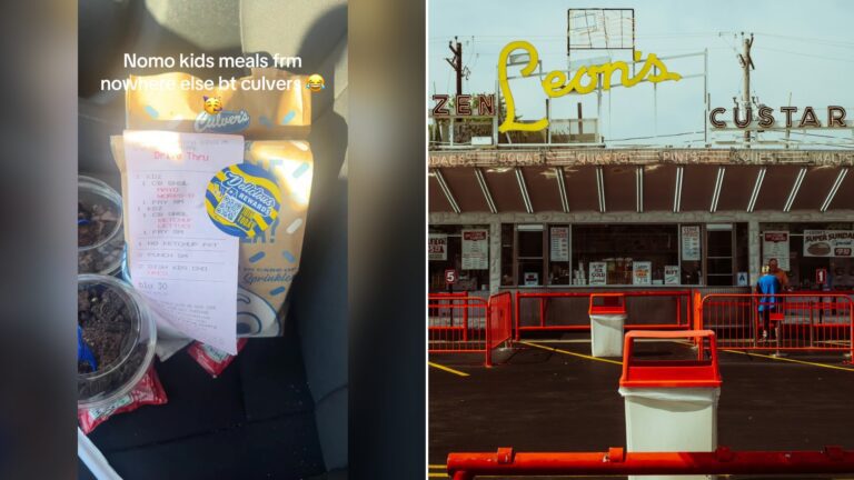 Split image with the cover of @bluemoney438's TikTok video, where a receipt and food tray sit on a table after a Culver's run, on the left and an Unsplash photo by Jamie Cooper on the right showing a retro frozen custard stand with a neon sign