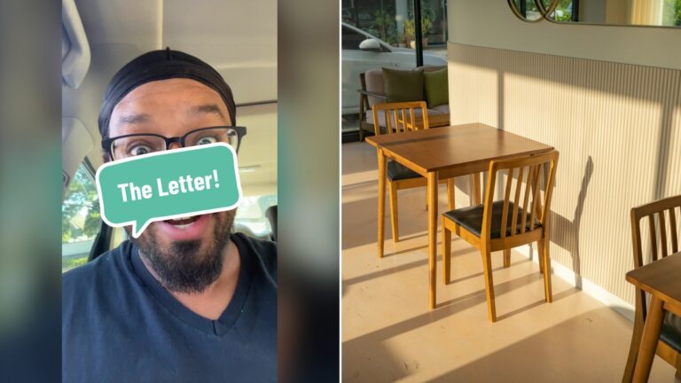 Split image with the cover of @bigkrcarter's TikTok video, where he talks to the camera under the words The Letter, on the left and an Unsplash photo by sq lim on the right showing a wooden table and chairs in an empty room